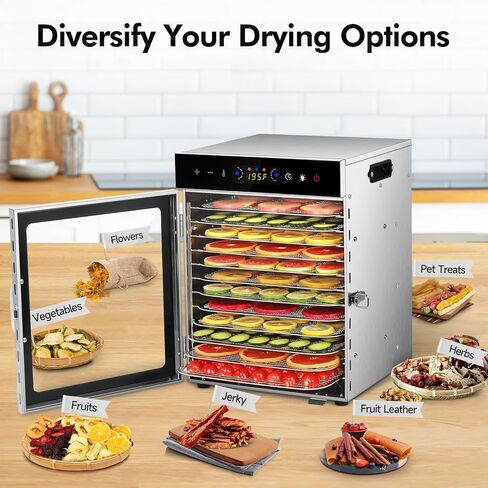 ماكينة تجفيف الطعام من SUCICENI، 12 صينية من الفولاذ المقاوم للصدأ، مجفف اللحوم بقدرة 1000 وات للاستخدام المنزلي، ومؤقت 24 ساعة و195 درجة فهرنهايت للتحكم في درجة الحرارة، ومجفف الطعام لحلوى الفاكهة والأعشاب والفطر للكلاب in Kuwait