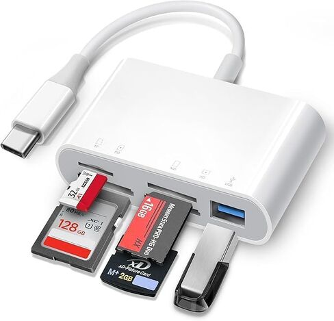 محول قارئ بطاقات الذاكرة 5 في 1 USB-C مع فتحات صور SD وMicroSD وMS وXD ومنفذ USB لأجهزة iPhone 15 وiPad وMacBook in Kuwait