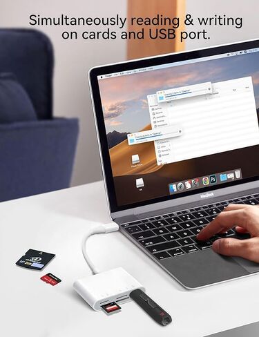 محول قارئ بطاقات الذاكرة 5 في 1 USB-C مع فتحات صور SD وMicroSD وMS وXD ومنفذ USB لأجهزة iPhone 15 وiPad وMacBook in Kuwait