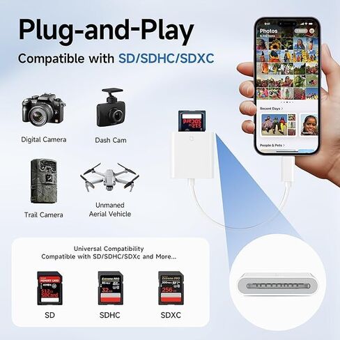 (معتمد من Apple MFi) قارئ بطاقة Lightning إلى SD، ومحول بطاقة ذاكرة الكاميرا لأجهزة iPhone وiPad وTrail Camera Viewer، التوصيل والتشغيل in Kuwait