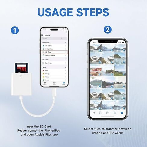 (معتمد من Apple MFi) قارئ بطاقة Lightning إلى SD، ومحول بطاقة ذاكرة الكاميرا لأجهزة iPhone وiPad وTrail Camera Viewer، التوصيل والتشغيل in Kuwait
