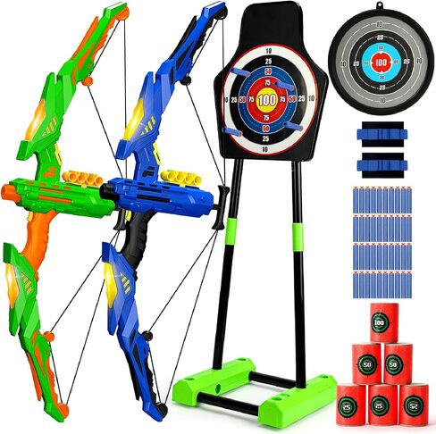 TOY Life 2 Pack Bow and Arrow for Kids 4 6 8 12 14 Years Old, Outside Outdoor Toys Games for Kids, Kids Bow and Arrow Set with LED Lights, Archery Set with Standing/Movable Target and 40 Foam Darts in Saudi Arabia