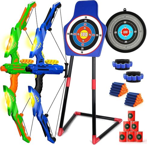 TOY Life 2 Pack Bow and Arrow for Kids 4 6 8 12 14 Years Old, Outside Outdoor Toys Games for Kids, Kids Bow and Arrow Set with LED Lights, Archery Set with Standing/Movable Target and 40 Foam Darts in Saudi Arabia