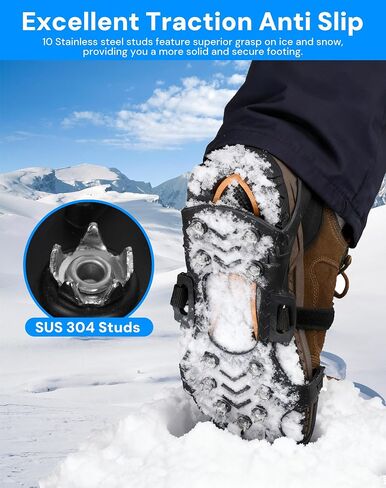 Crampons Ice Cleats for Shoes and Boots, Silicone Stainless Steel Grippers with 10 Stainless Steel Spikes Traction Cleats for Ice and Snow for Winter Walking, Hiking, Climbing, and Fishing in Saudi Arabia