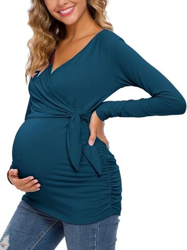 Glampunch Maternity Shirts Short & Long Sleeve Wrap Maternity Tops | flattering wrap design,soft stretch fabric,adjustable tie waist,pregnancy to postpartum,work & casual style in Saudi Arabia