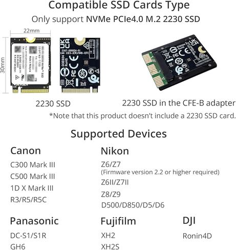 محول بطاقة NVMe M.2 2230 SSD إلى CFexpress من النوع B، أسود، يدعم PCIe 4.0 متوافق مع Canon R3/R5/R5C Nikon Z6/7/8/9 D5/6/500/850 DJI Ronin 4D Panasonic GH6 Fujifilm XH2 (سبائك الألومنيوم) in Kuwait