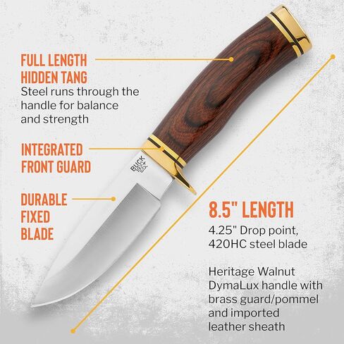 Buck Knives 192 Vanguard Hunting Knife, 4-1/4" Fixed Blade, Full Tang Design, Walnut DymaLux Handle, 420HC Stainless Steel Drop Point Blade, Sheath Included, Knife Made in the USA, 6.3 oz in Kuwait