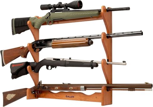Allen Company Indoor Gun Rack, Holds 2, 3 and 4 Rifles/Shotguns - Wall Storage Display Rifle Rack - Wood with Metal Hooks - Brown/Black in Kuwait