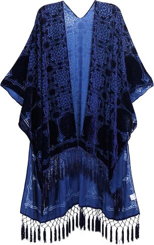 التستر النسائي Burnout Velvet Cardigan الزي غير الرسمي الطويل على Kimono مع شرابة in Saudi Arabia