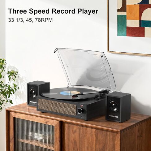 Record Player with Passive Bookshelf Speakers Belt-Drive Vintage Turntable for Vinyl Records External Dual Stereo Speakers LP Players 3 Speed Wireless AUX Headphone Input Auto Stop Retro Black Wooden in Kuwait