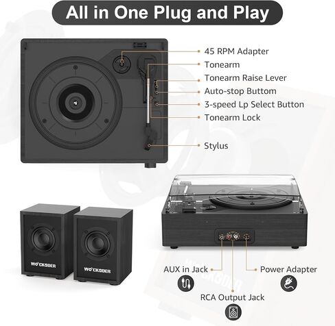 Record Player with Passive Bookshelf Speakers Belt-Drive Vintage Turntable for Vinyl Records External Dual Stereo Speakers LP Players 3 Speed Wireless AUX Headphone Input Auto Stop Retro Black Wooden in Kuwait