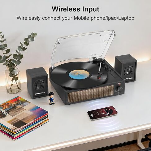 Record Player with Passive Bookshelf Speakers Belt-Drive Vintage Turntable for Vinyl Records External Dual Stereo Speakers LP Players 3 Speed Wireless AUX Headphone Input Auto Stop Retro Black Wooden in Kuwait