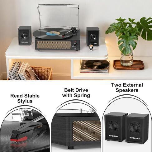 Record Player with Passive Bookshelf Speakers Belt-Drive Vintage Turntable for Vinyl Records External Dual Stereo Speakers LP Players 3 Speed Wireless AUX Headphone Input Auto Stop Retro Black Wooden in Kuwait