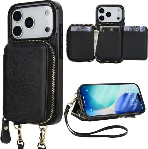 حافظة محفظة Bocasal for MagSafe Crossbody متوافقة مع iPhone 17 Pro، حافظة محفظة واقية لمنع RFID مع فتحات للبطاقات وحامل ومسند وحزام معصم وسحاب 6.3 بوصة 5G (أسود) in Saudi Arabia