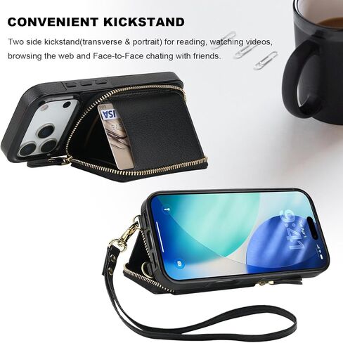 حافظة محفظة Bocasal for MagSafe Crossbody متوافقة مع iPhone 17 Pro، حافظة محفظة واقية لمنع RFID مع فتحات للبطاقات وحامل ومسند وحزام معصم وسحاب 6.3 بوصة 5G (أسود) in Saudi Arabia