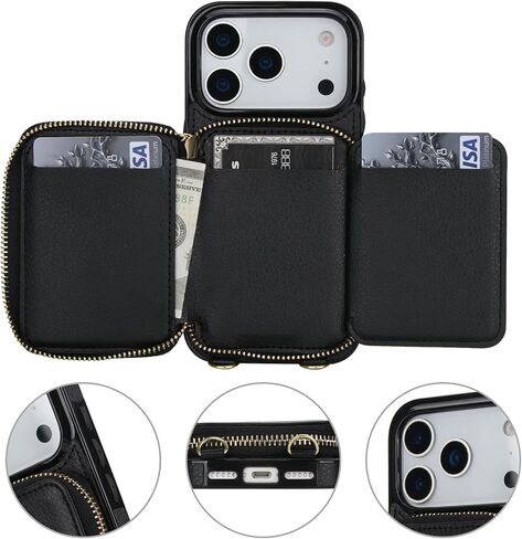 حافظة محفظة Bocasal for MagSafe Crossbody متوافقة مع iPhone 17 Pro، حافظة محفظة واقية لمنع RFID مع فتحات للبطاقات وحامل ومسند وحزام معصم وسحاب 6.3 بوصة 5G (أسود) in Saudi Arabia