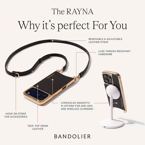 Bandolier Rayna Crossbody Phone Case for iPhone 17 Pro. 100% Genuine Pebble Leather with Gold Hardware. Adjustable & Removable Strap. Magnetic Backing. Magsafe Compatible. in Kuwait