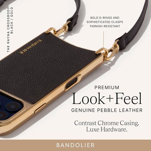 Bandolier Rayna Crossbody Phone Case for iPhone 17 Pro. 100% Genuine Pebble Leather with Gold Hardware. Adjustable & Removable Strap. Magnetic Backing. Magsafe Compatible. in Kuwait