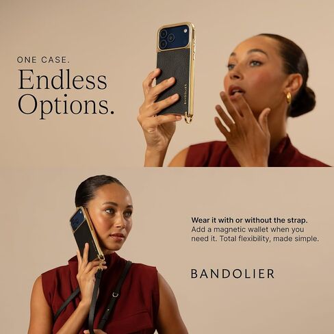 Bandolier Rayna Crossbody Phone Case for iPhone 17 Pro. 100% Genuine Pebble Leather with Gold Hardware. Adjustable & Removable Strap. Magnetic Backing. Magsafe Compatible. in Kuwait