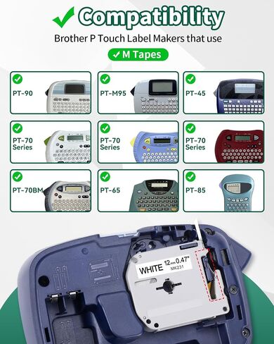 Anycolor M-K231 PTM95 Label Tape Compatible with Brother M Tape P Touch 12mm 0.47 White, M-K231s MK231 M231 for Brother PT-M95 PT-70BM PT-90 PT-85 PT65 45 Ptouch Label Maker Refills, 4 Pack in Saudi Arabia