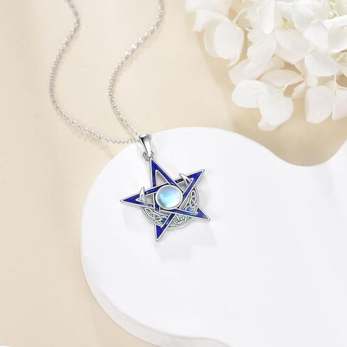 KQF Wiccan Pagan/Pentagram Moonstone القلائد فضة سلتيك نجمة القمر قلادة قلادة تميمة مجوهرات الساحرة تاليسمان هدية للنساء الرجال in Saudi Arabia
