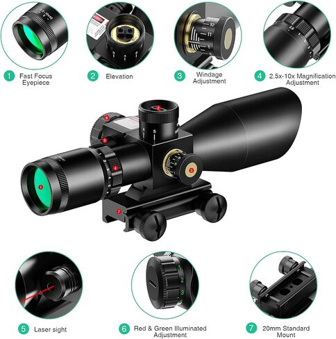 MidTen 2.5-10x40 نطاق ميل دوت مضاء باللون الأحمر والأخضر مع مجموعة ليزر أحمر/أخضر - لون العدسة الخضراء وحواملها in Kuwait