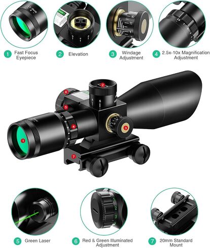 MidTen 2.5-10x40 نطاق ميل دوت مضاء باللون الأحمر والأخضر مع مجموعة ليزر أحمر/أخضر - لون العدسة الخضراء وحواملها in Kuwait
