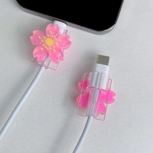 2pcs Pink Sakura Cable Protector – Stylish Anti-Break Fixer Compatible with Apple Charging Cables – Durable & Decorative USB Cord Accessory in Saudi Arabia