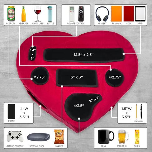 Heart-Shaped Bed & Couch Cup Holder Pillow – 8-in-1 Sofa Cup Holder Tray, Non-Slip Base, Washable Cover – Bed Caddy Organizer Tray for Remotes or Tablet – Romantic Gift for Women & Couples, Red in Saudi Arabia