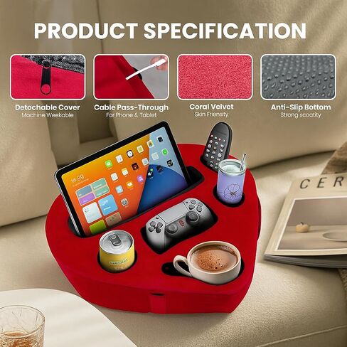 Heart-Shaped Bed & Couch Cup Holder Pillow – 8-in-1 Sofa Cup Holder Tray, Non-Slip Base, Washable Cover – Bed Caddy Organizer Tray for Remotes or Tablet – Romantic Gift for Women & Couples, Red in Saudi Arabia
