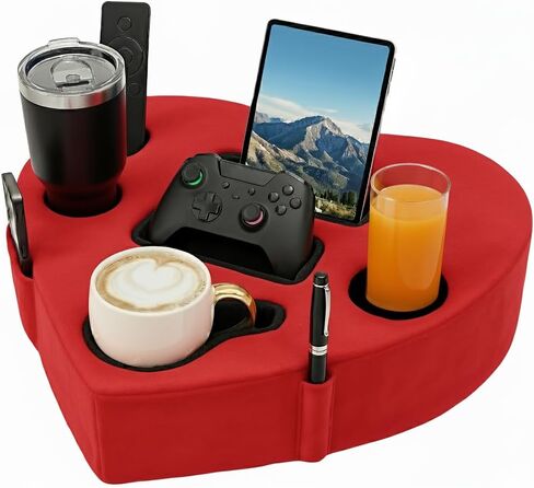 Heart-Shaped Bed & Couch Cup Holder Pillow – 8-in-1 Sofa Cup Holder Tray, Non-Slip Base, Washable Cover – Bed Caddy Organizer Tray for Remotes or Tablet – Romantic Gift for Women & Couples, Red in Saudi Arabia