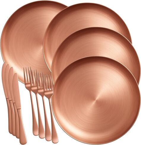Elegant 12-Piece Rose Gold Stainless Steel Plate & Cutlery Set – 4 Plates, 4 Forks, 4 Knives – Durable Dinnerware for Home, Outdoor Dining, Picnics & More in Saudi Arabia