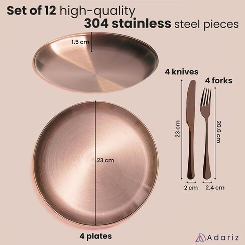 Elegant 12-Piece Rose Gold Stainless Steel Plate & Cutlery Set – 4 Plates, 4 Forks, 4 Knives – Durable Dinnerware for Home, Outdoor Dining, Picnics & More in Saudi Arabia