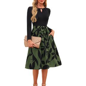 فستان Kranda النسائي لخريف 2025 بأكمام طويلة وفتحة رقبة مستديرة كاجوال للأعمال والكنيسة ملابس للمعلم فستان متوسط ​​الطول مضلع مع جيوب in Kuwait