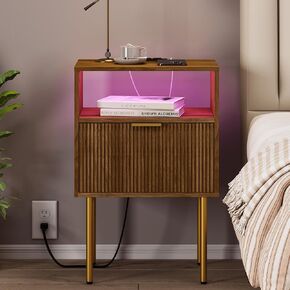 Nightstand with Outlet and Led Light, Bedside Table with Storage Drawer, Fluted Side Table for Living Room, Bedroom in Saudi Arabia