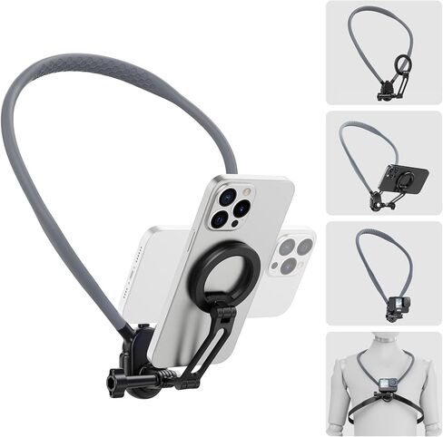 حامل هاتف مغناطيسي للرقبة، حامل هاتف على الصدر بدون استخدام اليدين POV/Vlog مع حزام، يستخدم للتسجيل/الطبخ/ركوب الدراجات، متوافق مع iPhone، Android، GoPro، Insta360 (رمادي) in Kuwait
