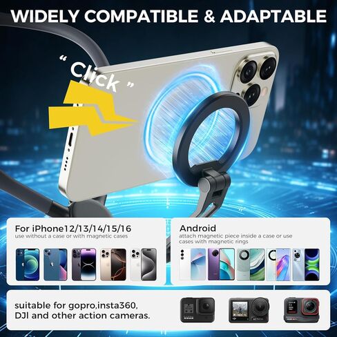 حامل هاتف مغناطيسي للرقبة، حامل هاتف على الصدر بدون استخدام اليدين POV/Vlog مع حزام، يستخدم للتسجيل/الطبخ/ركوب الدراجات، متوافق مع iPhone، Android، GoPro، Insta360 (رمادي) in Kuwait