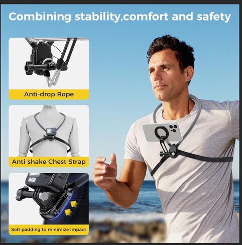 حامل هاتف مغناطيسي للرقبة، حامل هاتف على الصدر بدون استخدام اليدين POV/Vlog مع حزام، يستخدم للتسجيل/الطبخ/ركوب الدراجات، متوافق مع iPhone، Android، GoPro، Insta360 (رمادي) in Kuwait