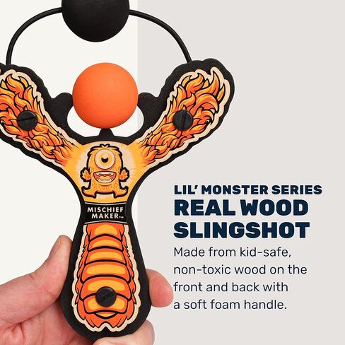 متعة عظيمة! - مقلاع خشبي من Mis Chief Maker® - سلسلة Lil' Monster - مقلاع من الخشب الحقيقي للأطفال، 4 كرات إسفنجية ناعمة وحقيبة تخزين - للأعمار من 4 سنوات فما فوق (برتقالي) in Kuwait
