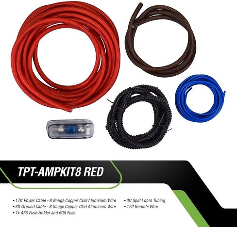 Timpano Amplifier Wiring Kit - 8 Gauge Amp Kit 1000 Watts Car Amplifier Installation CCA Cables Kit – 60 Amp Fuse Single Amp TPT-AMPKIT8 RED in Saudi Arabia