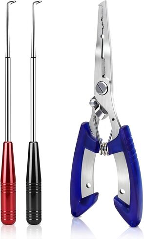 أداة إزالة خطاف السمك ومجموعة كماشة الصيد - 2 مزيل خطاف من الفولاذ المقاوم للصدأ + 1 كماشة حلقية مقسمة، استخدام سريع وآمن، مقبض غير قابل للانزلاق، طرف مغناطيسي، صيد الأسماك في المياه المالحة والعذبة، هدية للرجال in Kuwait