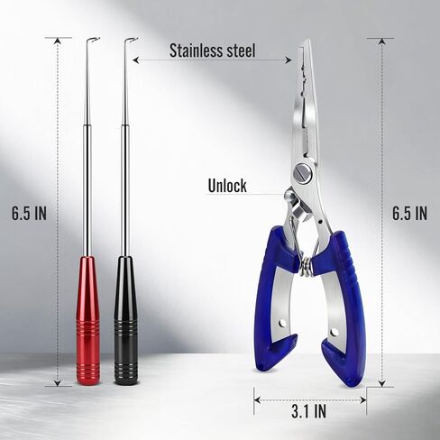 أداة إزالة خطاف السمك ومجموعة كماشة الصيد - 2 مزيل خطاف من الفولاذ المقاوم للصدأ + 1 كماشة حلقية مقسمة، استخدام سريع وآمن، مقبض غير قابل للانزلاق، طرف مغناطيسي، صيد الأسماك في المياه المالحة والعذبة، هدية للرجال in Kuwait
