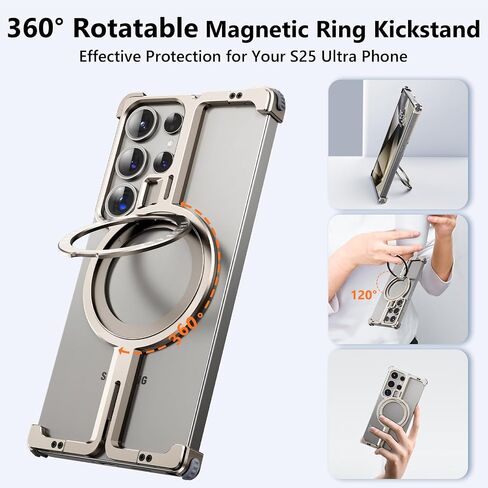 S25 Ultra Case Magnetic with Ring Kickstand, Slim Metal Frameless for Samsung Galaxy S25 Ultra Case for Magsafe, Cool Drop-Proof Protective S25Ultra Cover for Men Women 6.86 Inch, Sliver in Kuwait