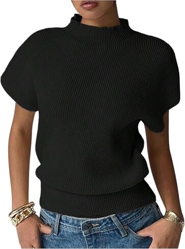 Milumia Women's Short Cap Sleeve Sweater Pullover Tank Top Dressy Casual Mock Neck Sweater Knit Crop Top in Saudi Arabia