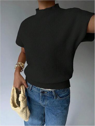 Milumia Women's Short Cap Sleeve Sweater Pullover Tank Top Dressy Casual Mock Neck Sweater Knit Crop Top in Saudi Arabia