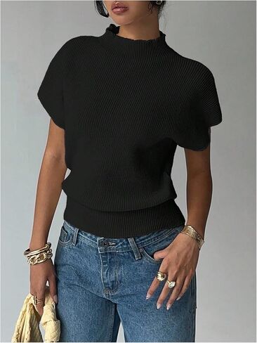 Milumia Women's Short Cap Sleeve Sweater Pullover Tank Top Dressy Casual Mock Neck Sweater Knit Crop Top in Saudi Arabia
