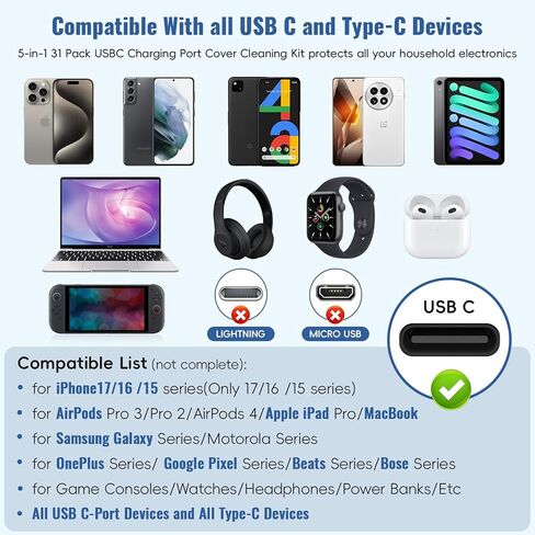 Silicone USB C Dust Plug with Phone Speaker Cover,5-in-1 31 Pack Charging Port Cover Cleaning Kit,Type C Anti Dust Plug for iPhone 15/16/17/Samsung Galaxy/One Plus/Google Pixel/All USB C-Port Devices in Saudi Arabia