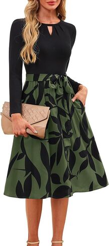 فستان Kranda النسائي لخريف 2025 بأكمام طويلة وفتحة رقبة مستديرة كاجوال للأعمال والكنيسة ملابس للمعلم فستان متوسط ​​الطول مضلع مع جيوب in Kuwait