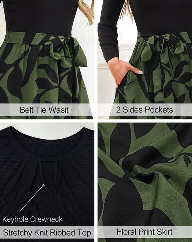 فستان Kranda النسائي لخريف 2025 بأكمام طويلة وفتحة رقبة مستديرة كاجوال للأعمال والكنيسة ملابس للمعلم فستان متوسط ​​الطول مضلع مع جيوب in Kuwait