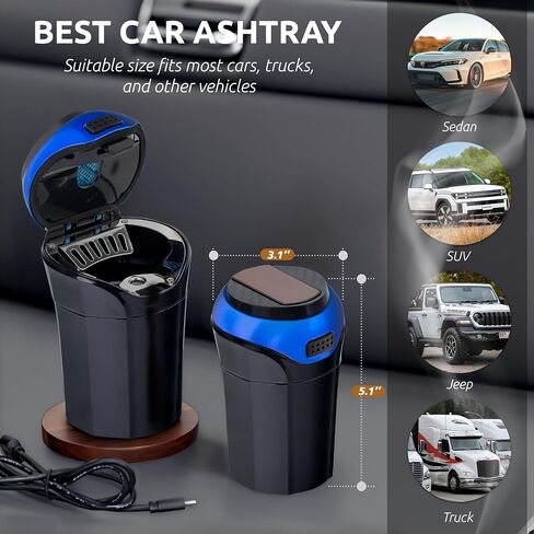 TAKAVU Car Ashtray (1-Pack), Easy Clean Up Detachable Stainless Car Ashtray with Lid Blue LED light and Removable Lighter for Most Car Cup Holder (Blue) in Kuwait